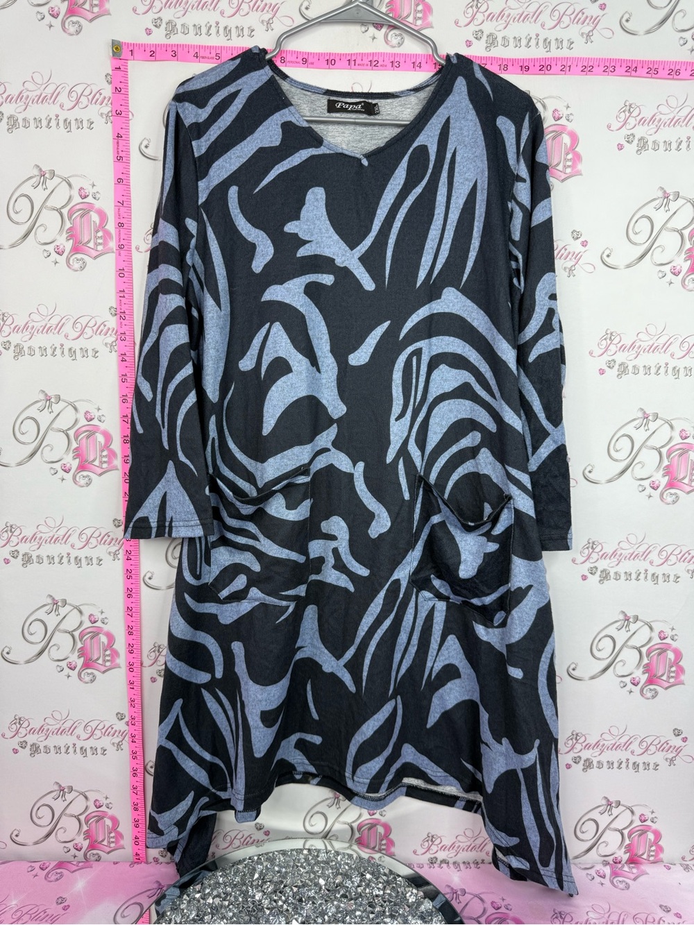 Papa Vancouver mini dress or long shirt Black & Slate Blue Abstract V-Neck Tunic
